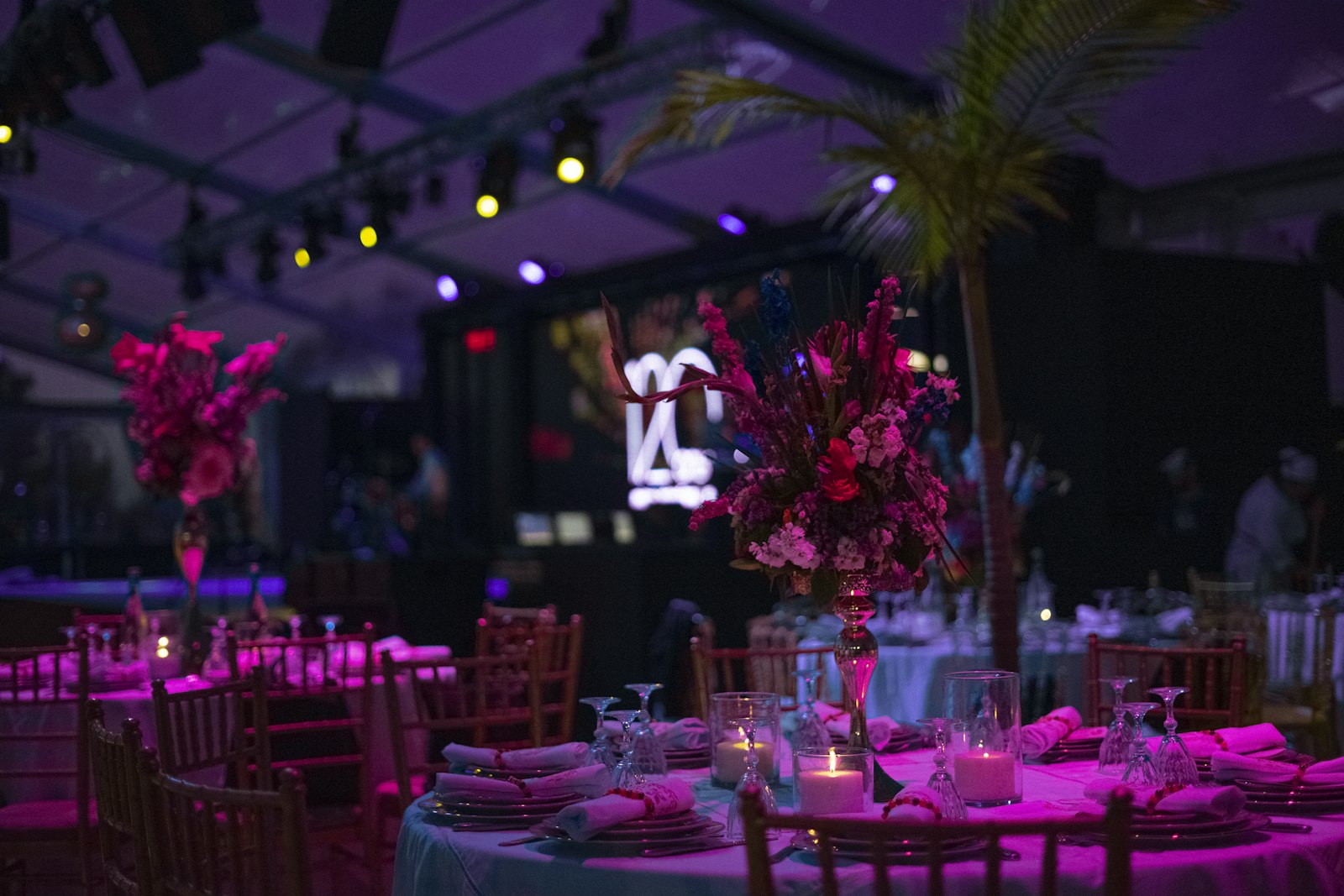 Programmable LED uplighting wash on a venue interior